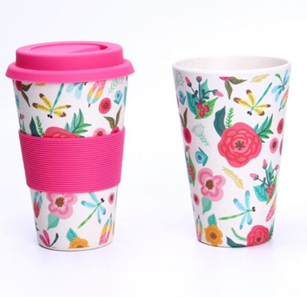 Eco-Friendly Reusable Travel Mug - Multicolored Floral with Pink Lid