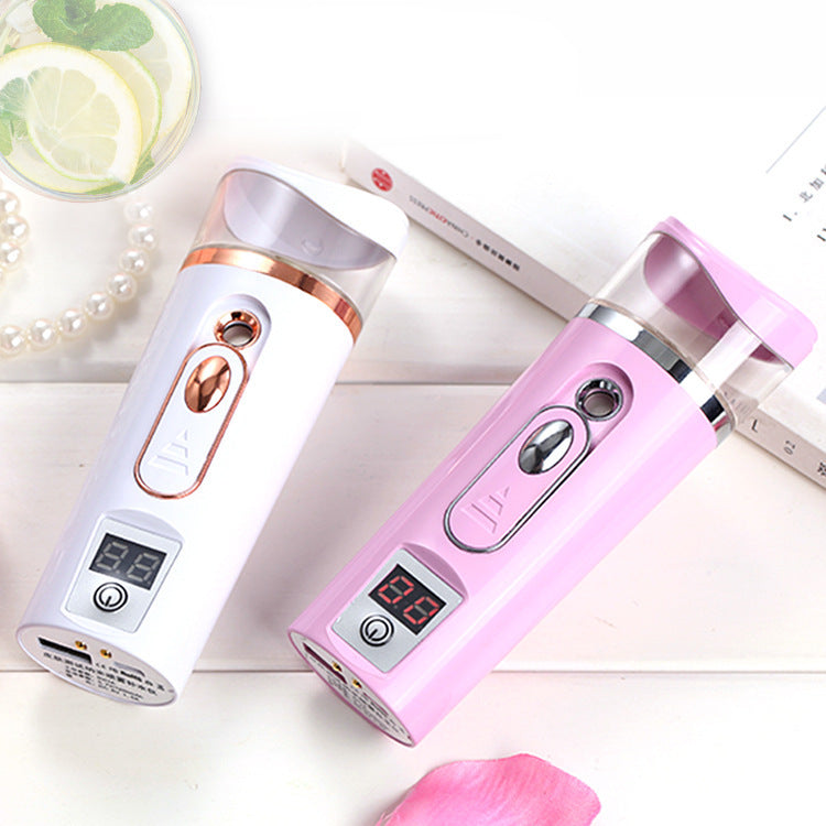 Pink Handheld Mist Sprayer with Digital Display for Skincare and Hydration