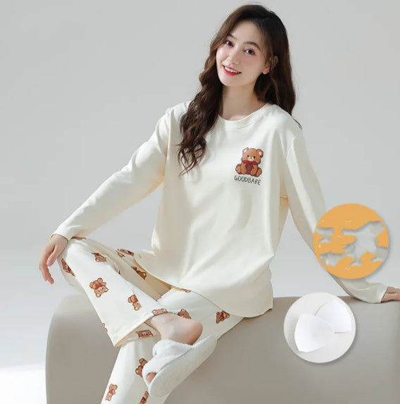 Cozy Cream Bear Print Pajama Set for Sustainable Comfort
