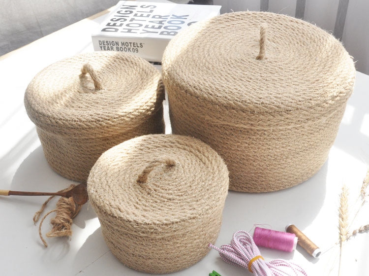 Eco-Friendly Woven Jute Storage Baskets Set - Natural Beige, Round, Durable