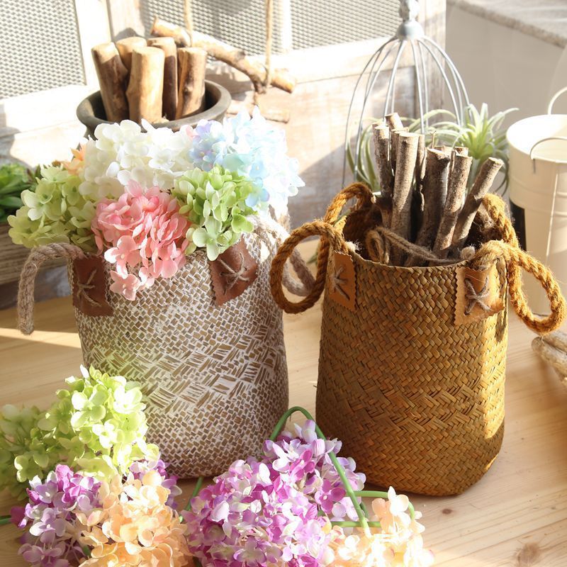 Eco-Friendly Woven Storage Baskets - Natural Beige with Brown Accents