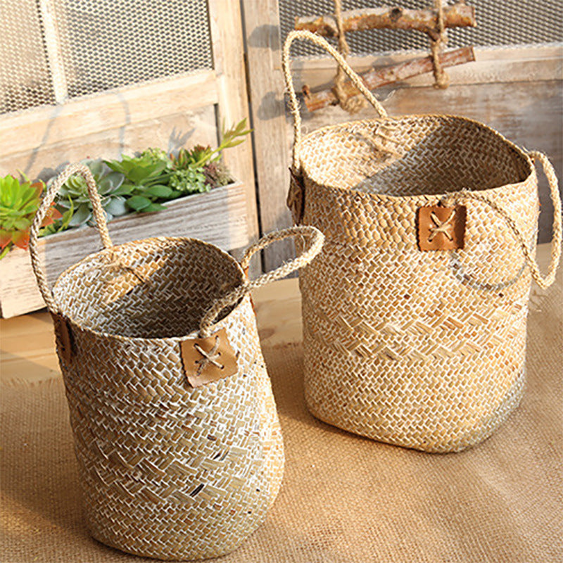 Eco-Friendly Woven Storage Baskets - Natural Beige with Brown Accents