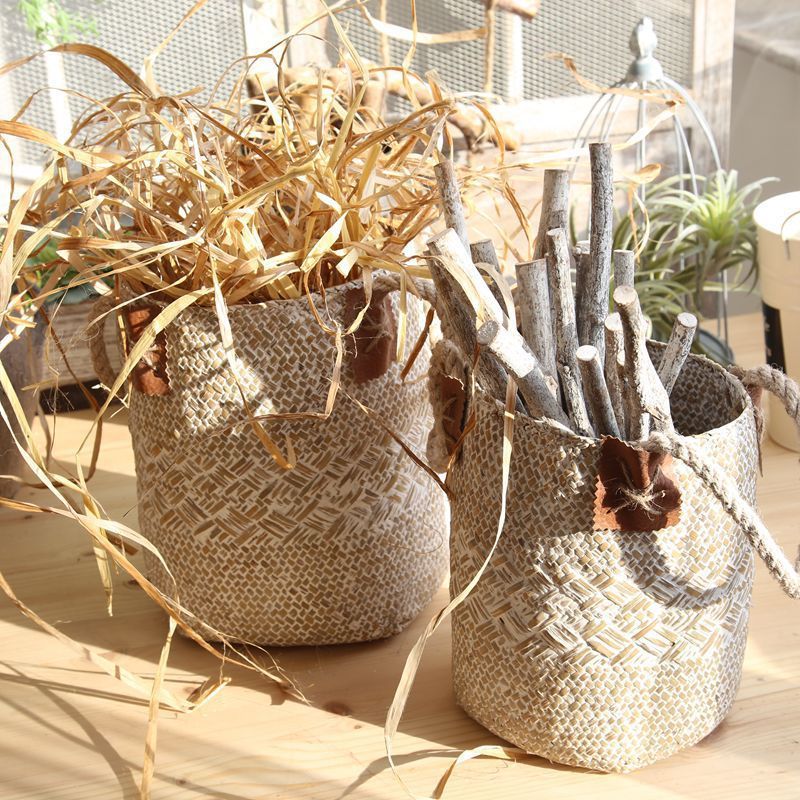 Eco-Friendly Woven Storage Baskets - Natural Beige with Brown Accents