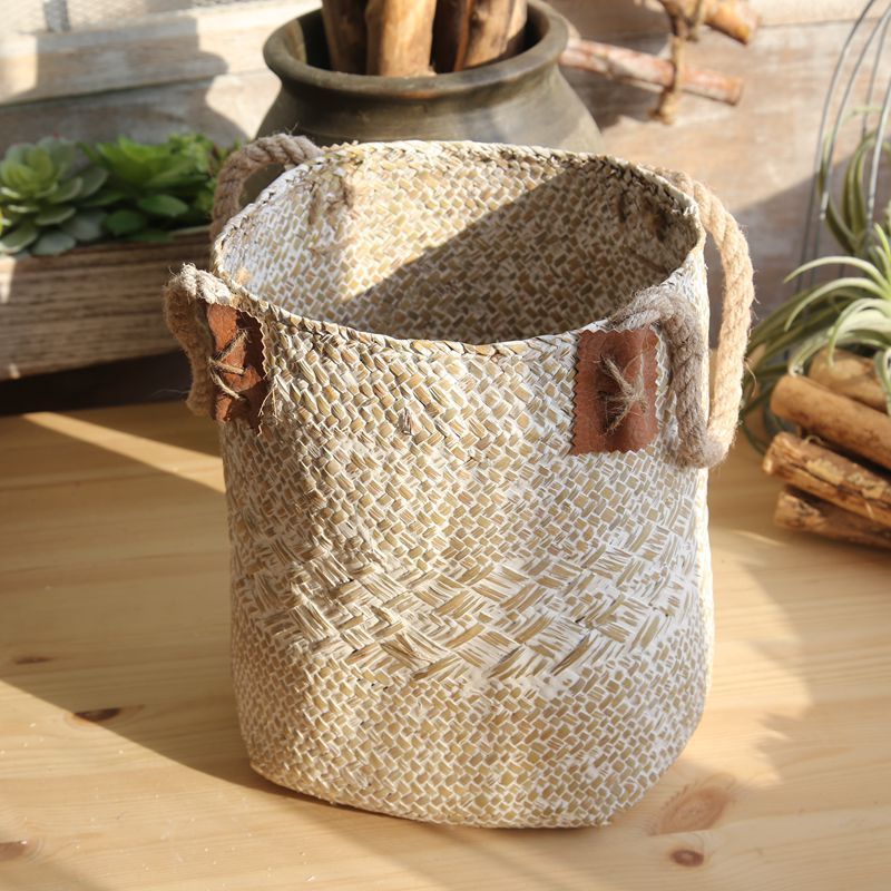 Eco-Friendly Woven Storage Baskets - Natural Beige with Brown Accents