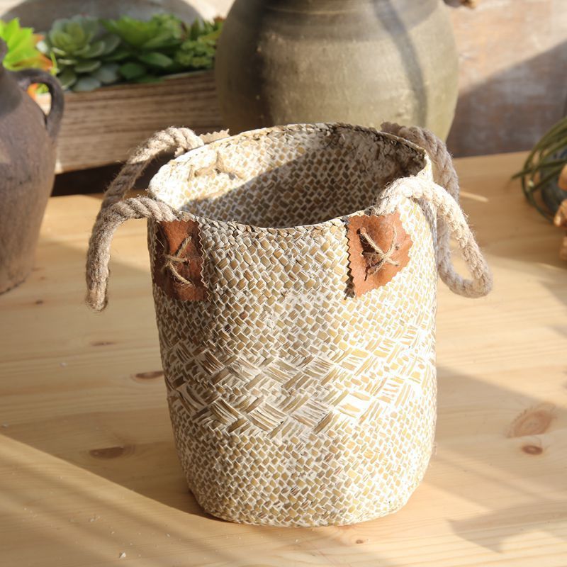 Eco-Friendly Woven Storage Baskets - Natural Beige with Brown Accents