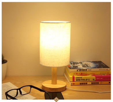 Eco-Friendly Rectangular Table Lamp with Beige Fabric Shade and Wooden Base