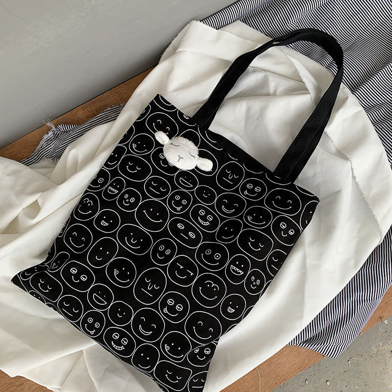 Eco-Friendly Black Smiley Face Tote Bag - Sustainable & Reusable