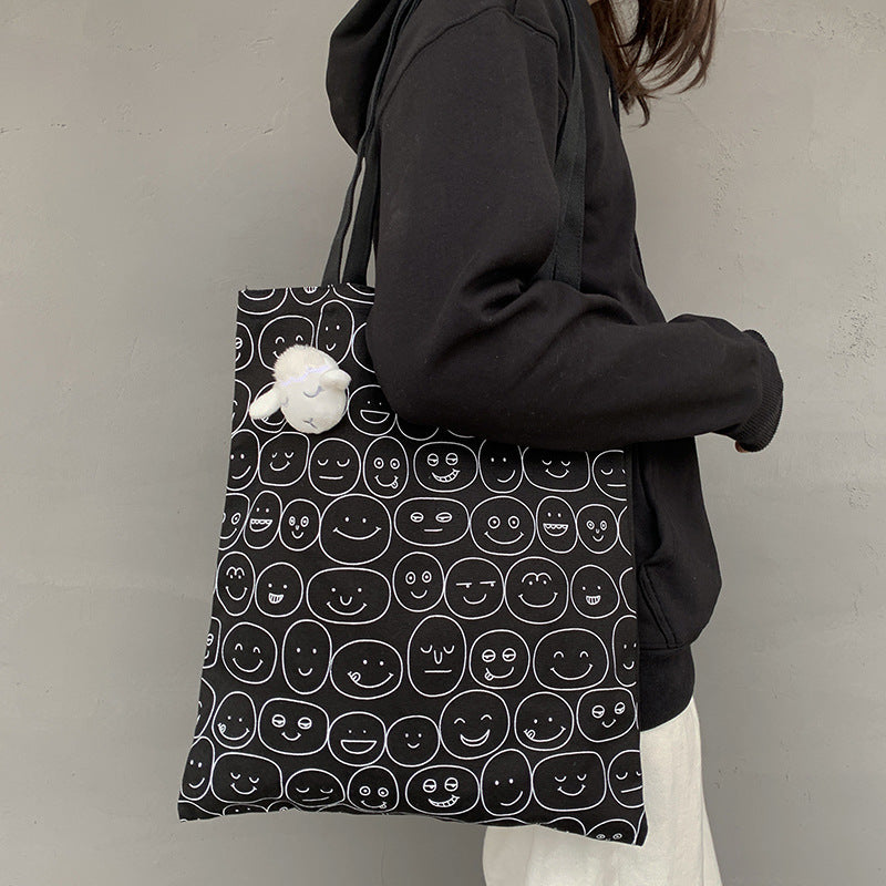 Eco-Friendly Black Smiley Face Tote Bag - Sustainable & Reusable