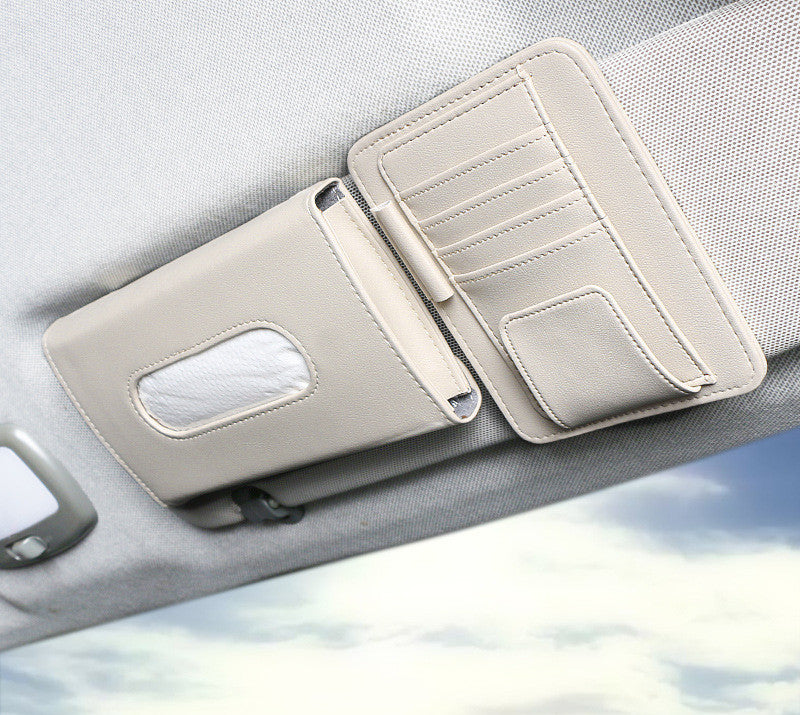 Beige Car Visor Organizer with Multi-Compartment Design