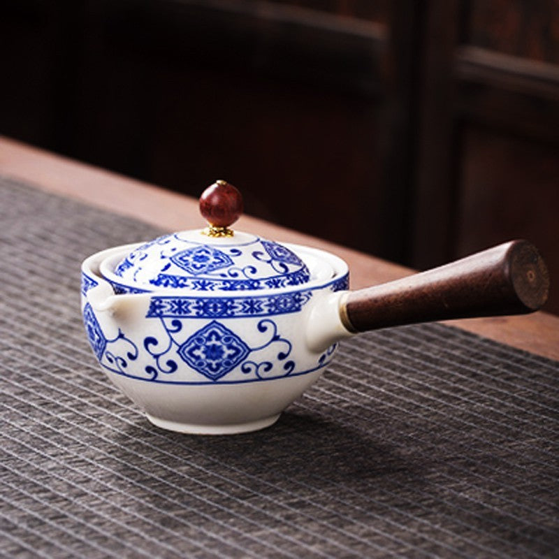 Elegant Ceramic Teapot and Teacup Set - Eco-Friendly, Durable, White with Blue Patterns