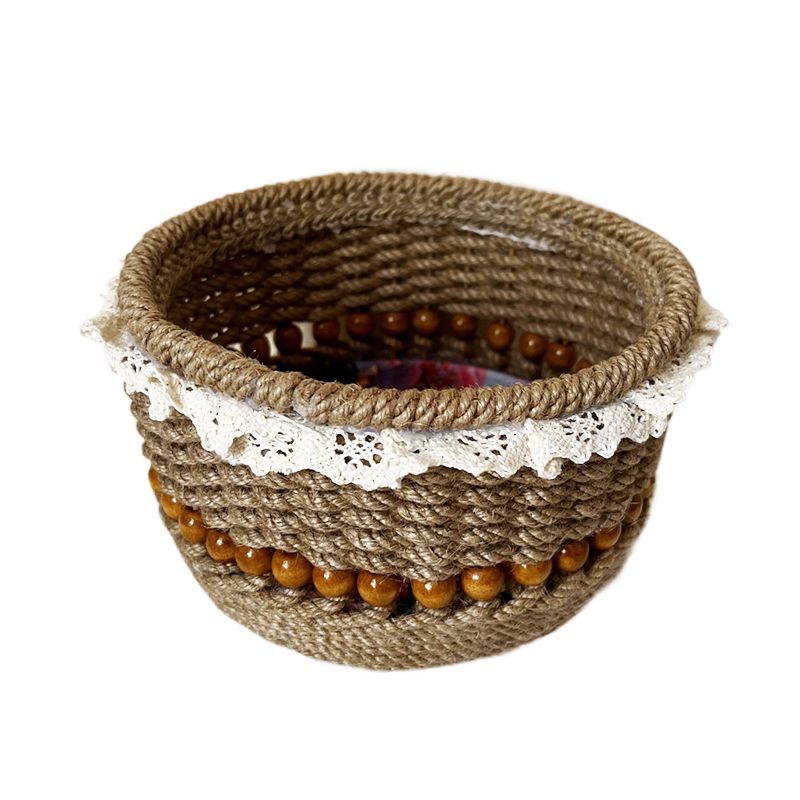 Eco-Friendly Jute Decorative Basket with Lace Trim for Home Organization