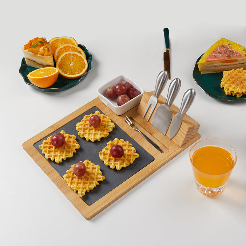 Eco-Friendly Bamboo Cheese Board Set with Slate and Stainless Steel Knives