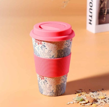 Eco-Friendly Reusable Travel Mug - Multicolored Floral with Pink Lid