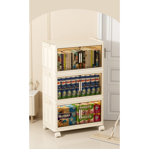 Beige Stackable Storage Cabinet with Wheels
