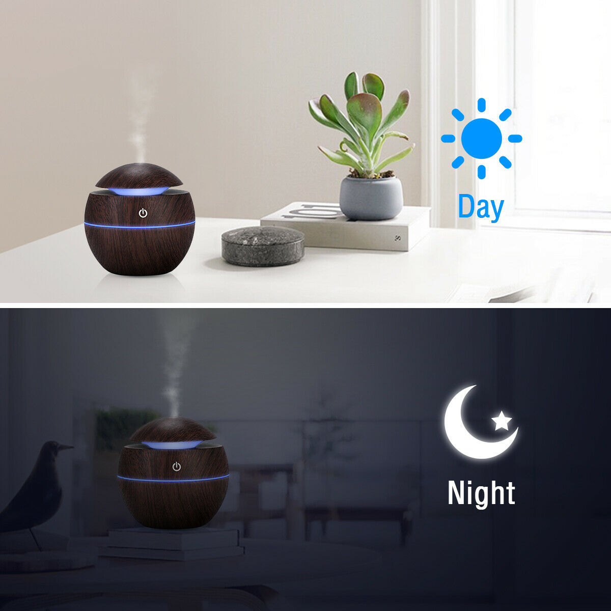 Spherical LED Essential Oil Diffuser with Wood Finish