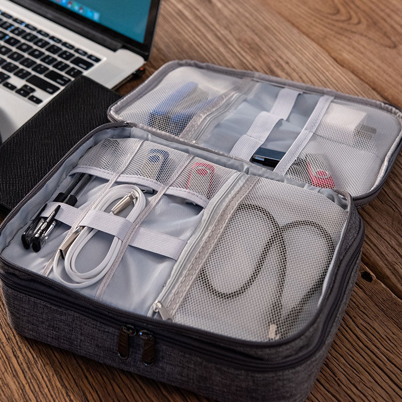Gray Rectangular Cable Organizer Bag for Electronics