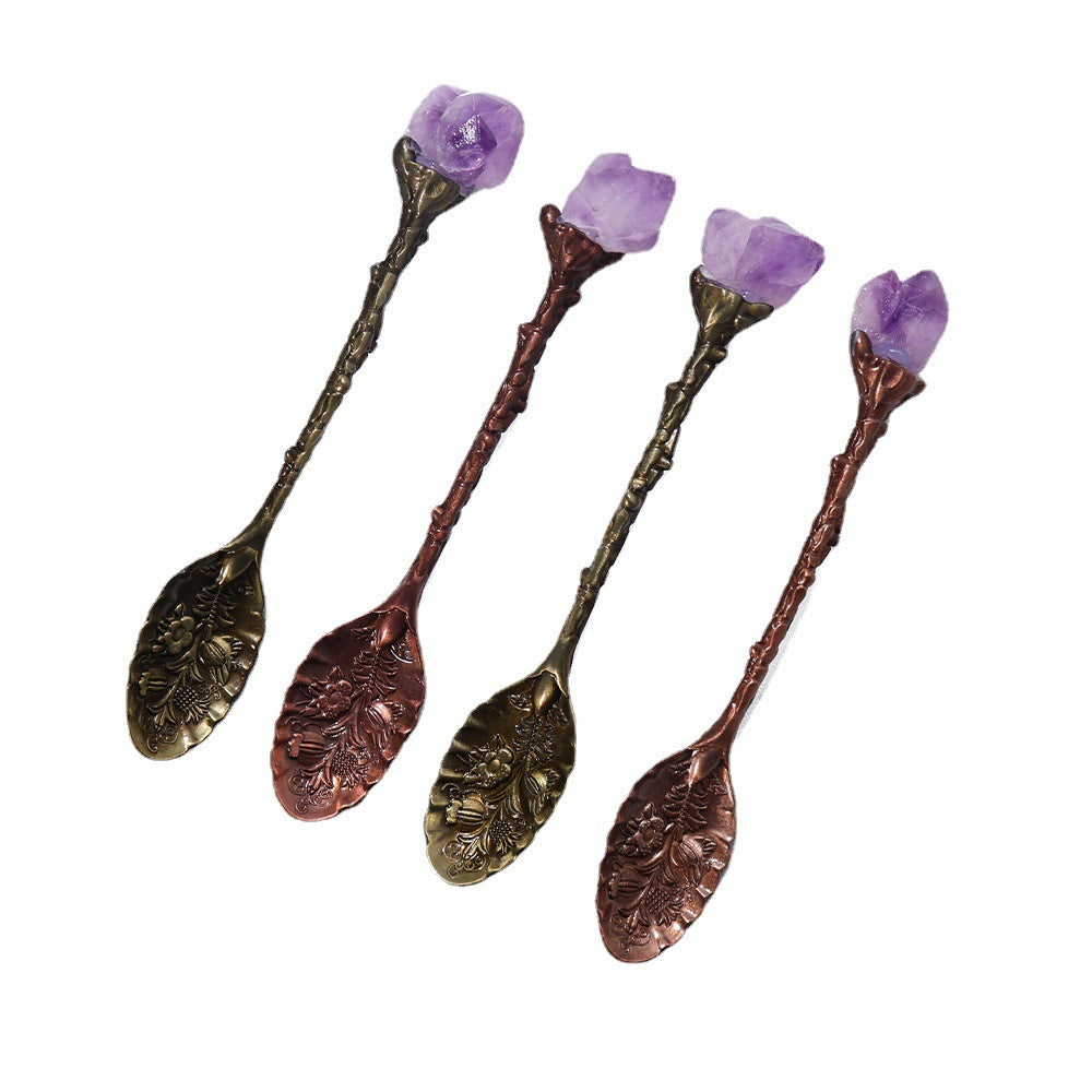 Ornate Bronze and Copper Decorative Spoons with Purple Stone Accents