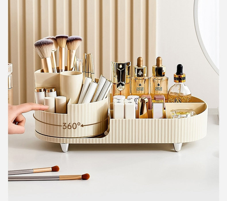 Rotating Beige Cosmetic Organizer - Space-Saving Countertop Solution