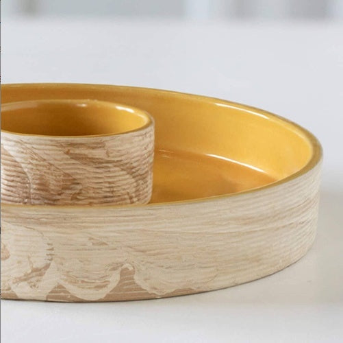 Eco-Friendly Round Serving Tray with Dip Bowl - Natural Wood & Yellow