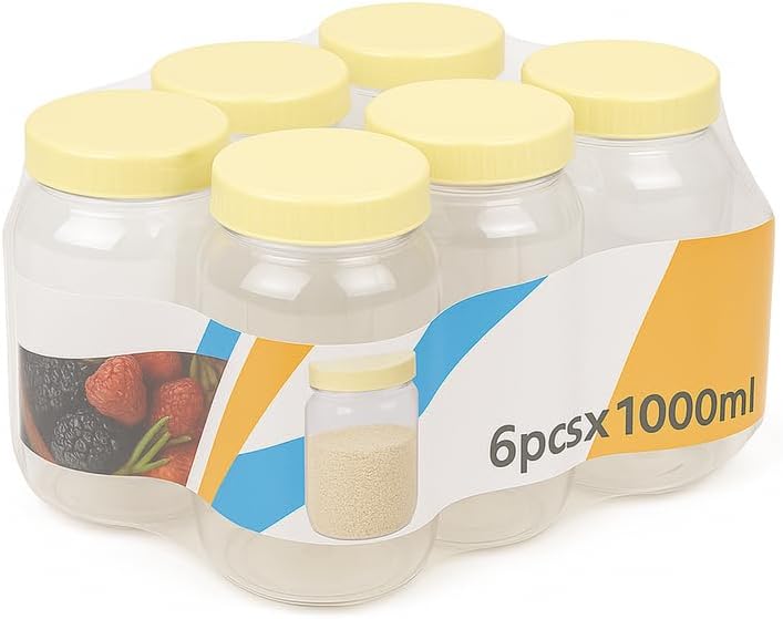 PET Jar 1000 ML 6PC Set, Clear Plastic Storage Containers with Lids for Kitchen, Pantry, Food Storage