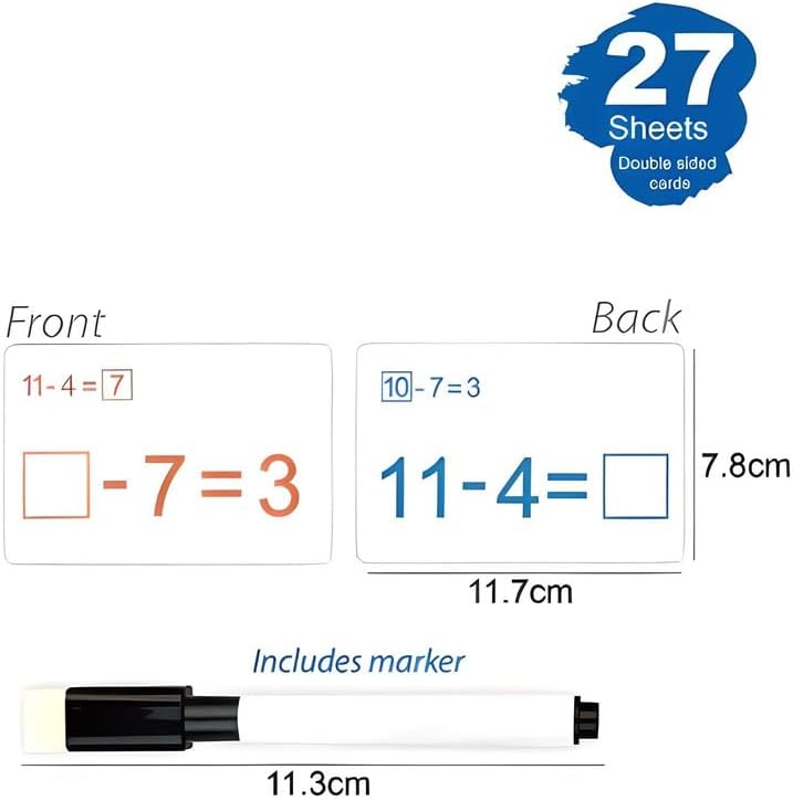 27 Sheets Mathematical Subtraction Flash Cards with Marker 11.7x7.8cm