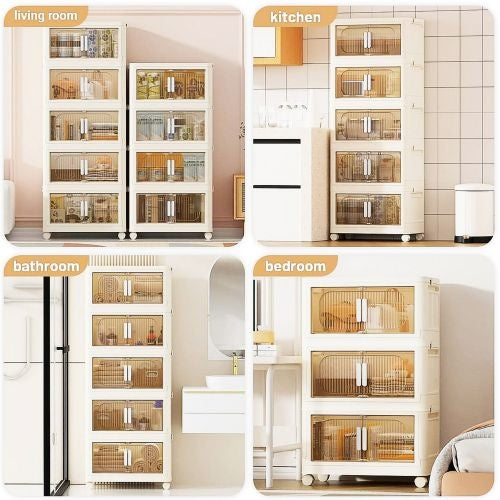 Beige Stackable Storage Cabinet with Wheels