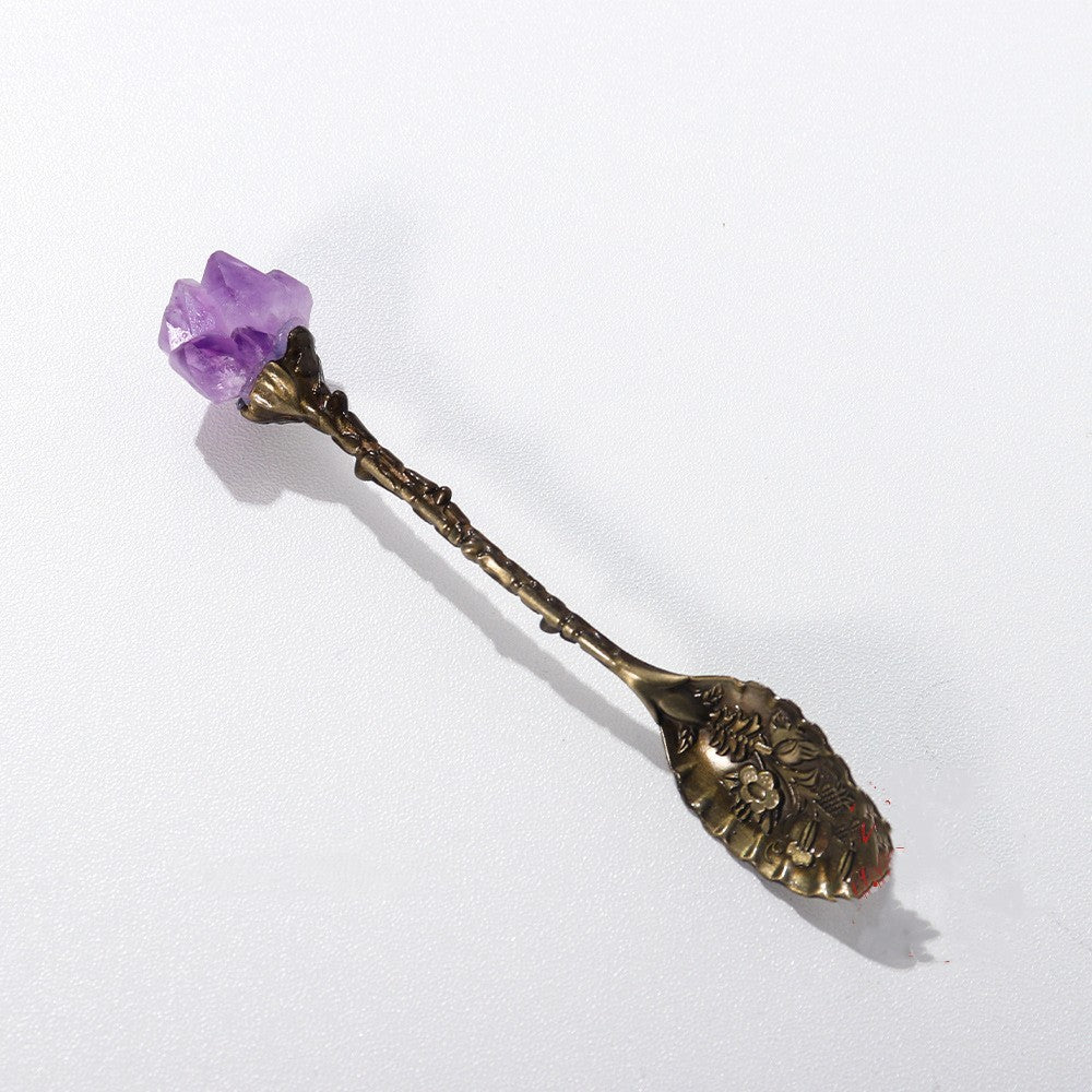 Ornate Bronze and Copper Decorative Spoons with Purple Stone Accents