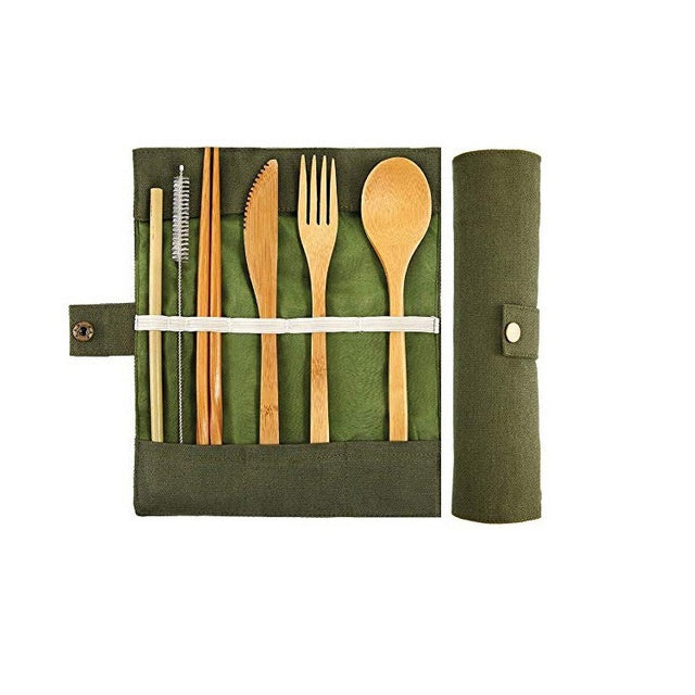 Eco-Friendly Bamboo Cutlery Set with Green Case - Reusable & Portable