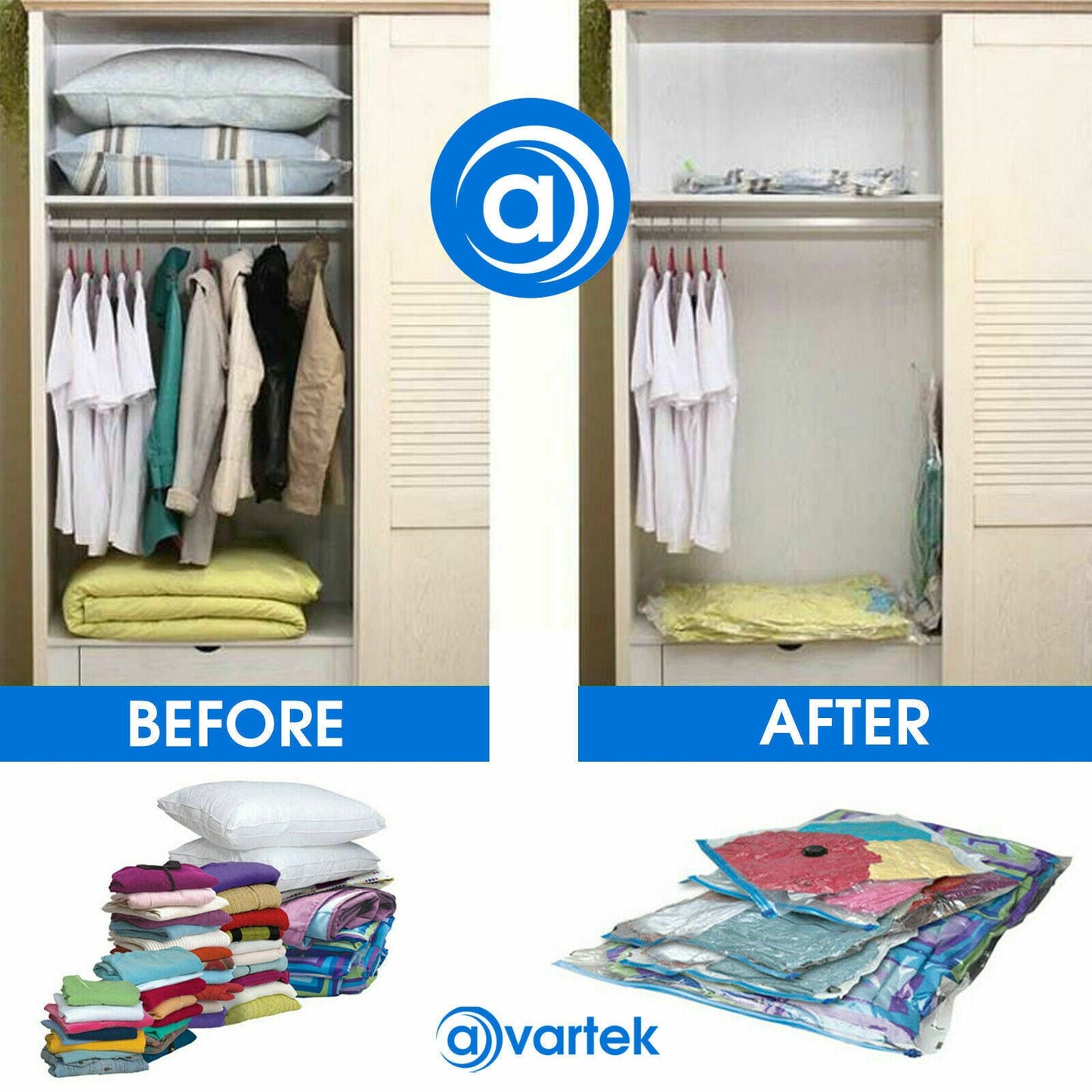 Space-Saving Vacuum Storage Bags - Pack of 6, 100x80 cm, Transparent with Blue Accents