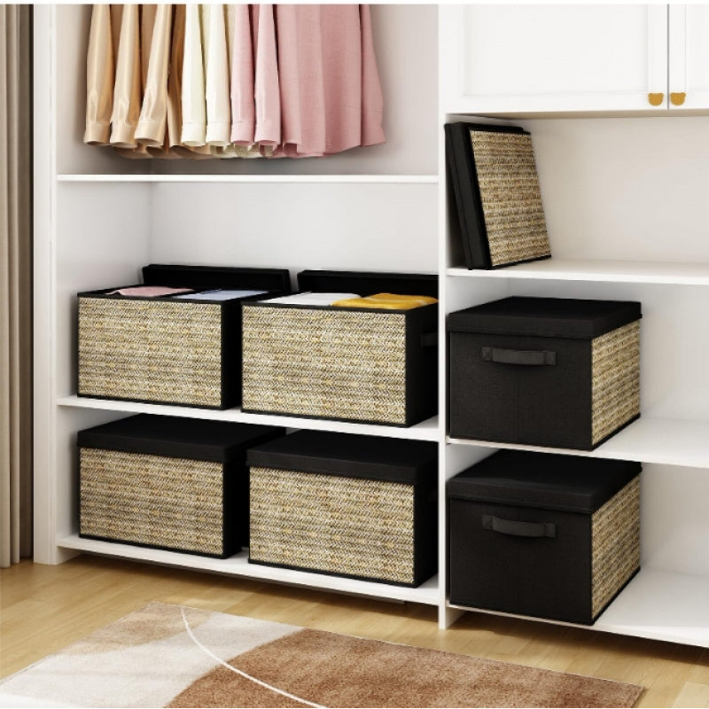 Eco-Friendly Black Storage Organizer with Natural Fiber Panels