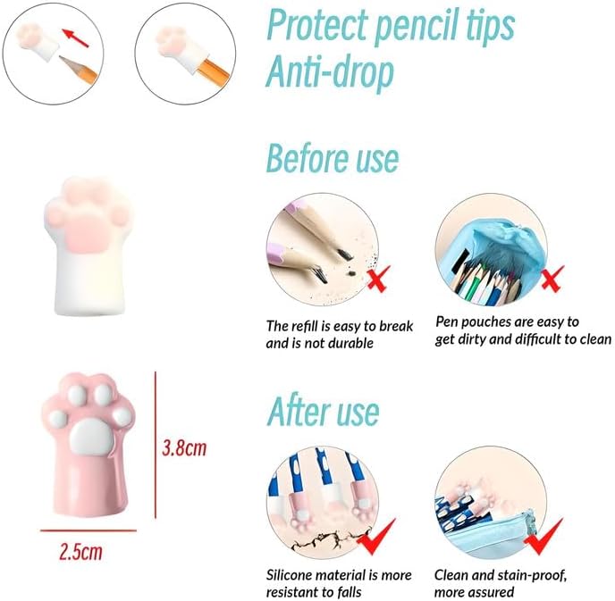 Cat Foot Pencil Caps 3 Set, 2.5x3.8cm, Pencil Tip Protectors