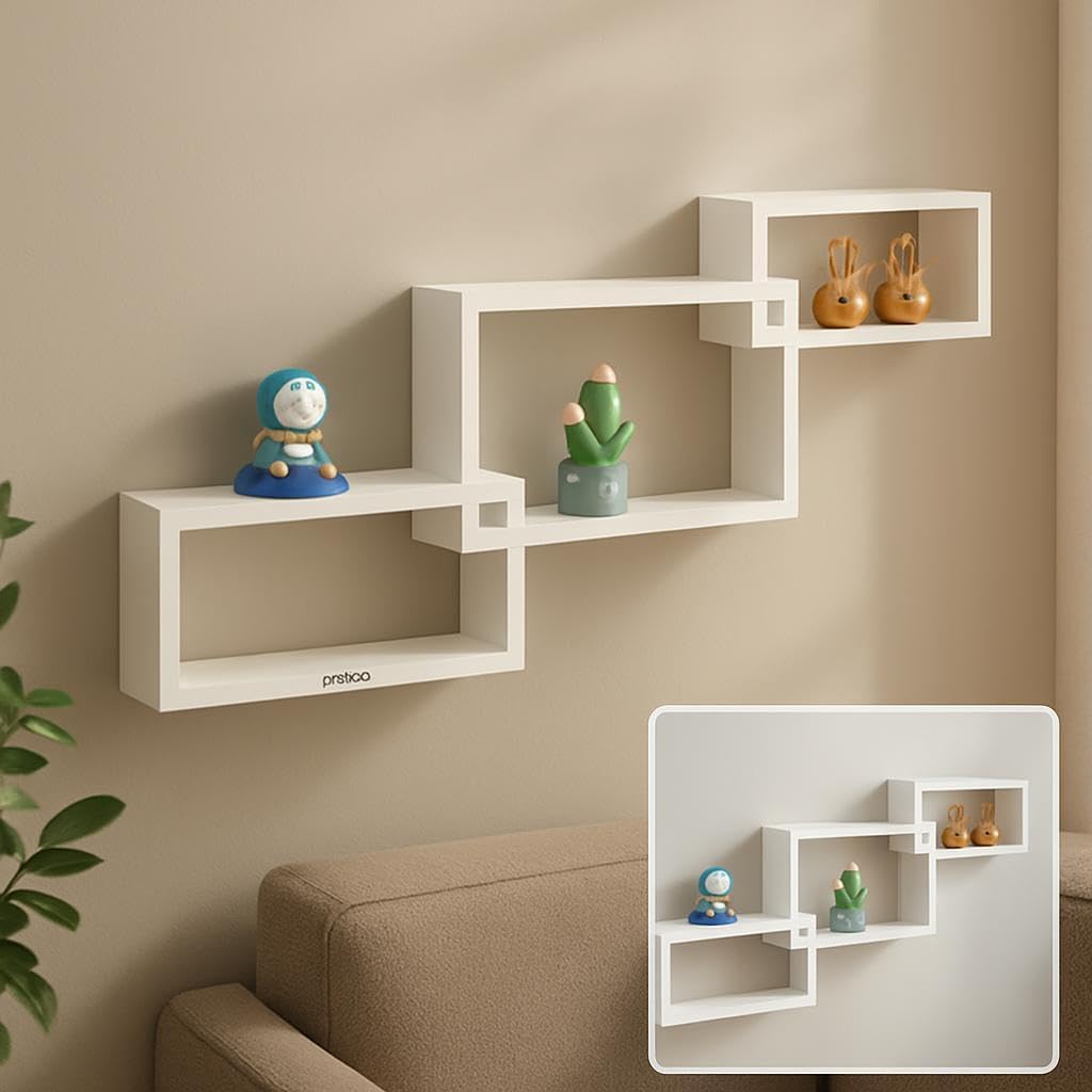 Interlocked Cuboid Wall Shelves Set of 3, White