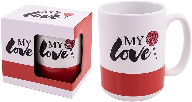 White and Red Ceramic Mug with My Love Print, Coffee Tea Cup, Romantic Gift for Couples