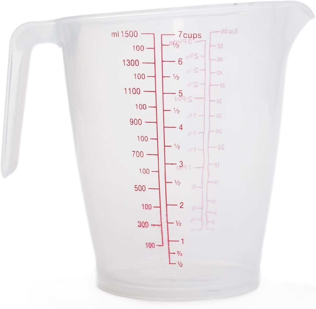 1500ml Plastic Measuring Cup – Transparent Jug for Cooking & Baking – Easy-Read Red Markings, Non-Slip Handle, Slanted Spout – Stackable BPA-Free 7 Cup Measure for Accurate Liquid Measurements