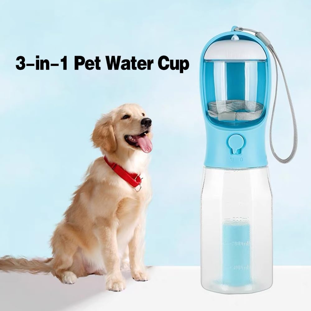 Dog Water & Food Bottle with Poop Bag Dispenser – Blue – 300ml / 600ml