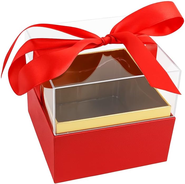 Transparent Acrylic Gift Flower Box with Red Ribbon, 13x13x12cm, Decorative Display Case