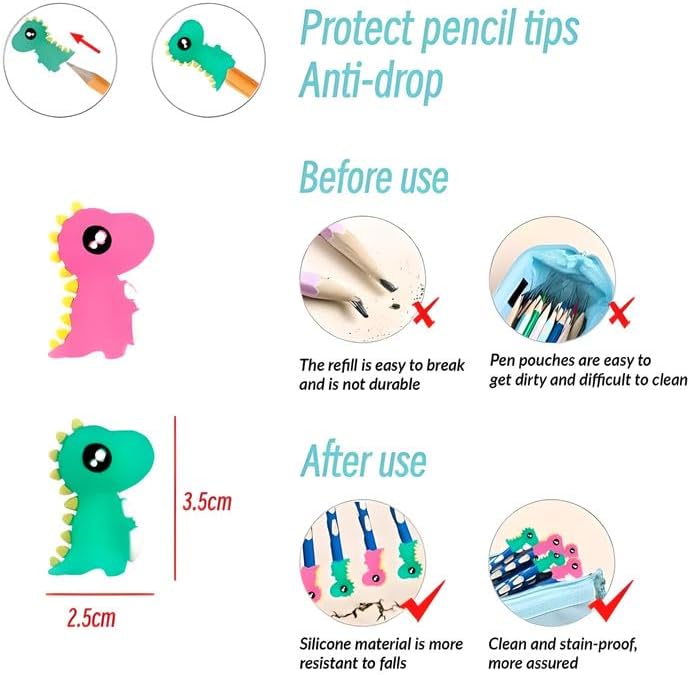 3 Dinosaur Pencil Caps 2.5x3.5cm – Pencil Tip Protectors for Kids Stationery
