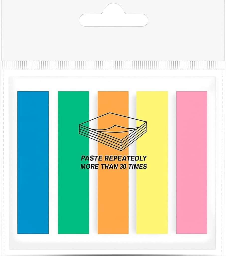 Sticky Notes 125 Sheets 12mm x 44mm Multi-Color Tabs, 5 in 1 Pack for Office and School