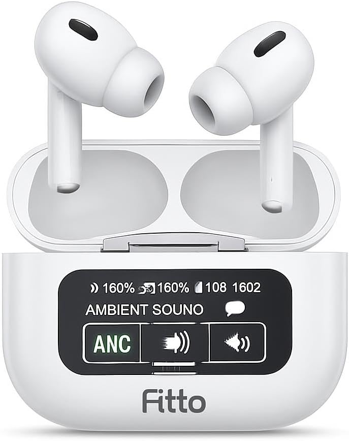 Wireless Earbuds with Noise Reduction, Touch Control, and Display Screen - White