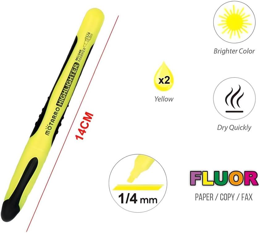 2-Piece Yellow 1/4mm Highlighter Set, 14cm for School & Office