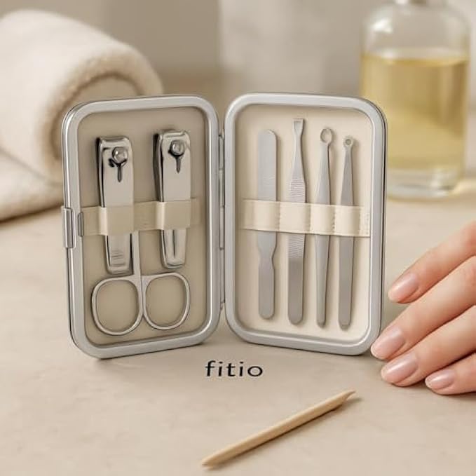 Compact Manicure Set 10.7x6.7cm - Portable Travel Nail Kit with Nail Clippers Scissors File Tweezers Cuticle Pusher Stainless Steel Case