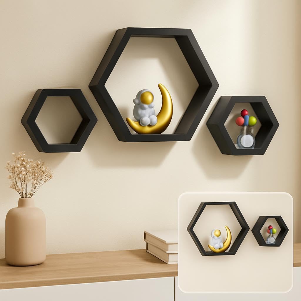 Hexagon Wall Shelves Set of 3, Black Floating Shelves for Home Decor
