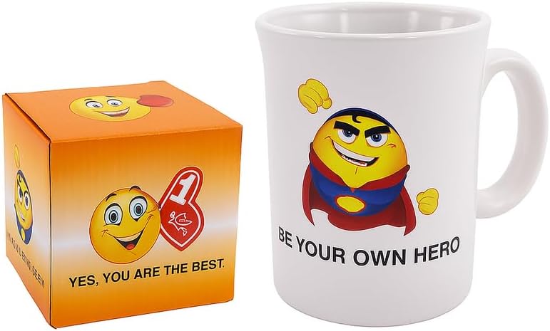White Ceramic Mug with Superhero Emoji Print, 350ml Coffee Cup, Fun Design for Home or Office