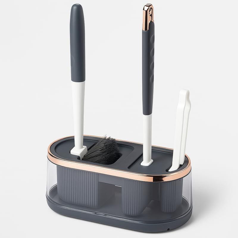 Toilet Brush 3 in 1 Set with Holder, Bathroom Cleaning Tool, Silicone Bristles, Deep Clean, Compact Design