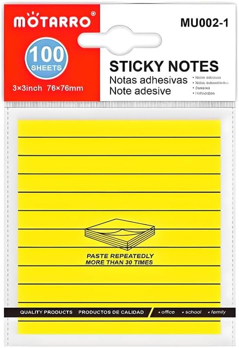 Sticky Notes 100 Sheets 76mm x 76mm Assorted Colors, Lined, Self-Adhesive, Office Supplies