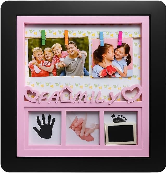 Baby Girl Photo Frame with Black Frame and Pink Border, 4 Picture Slots for Nursery Decor