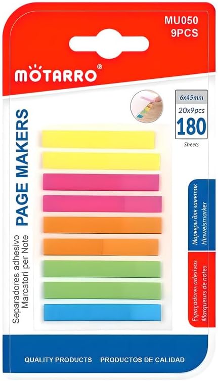 Page Markers 6x45mm, 180 Sheets, 20x9PCS, Sticky Index Tabs for Organizing and Marking