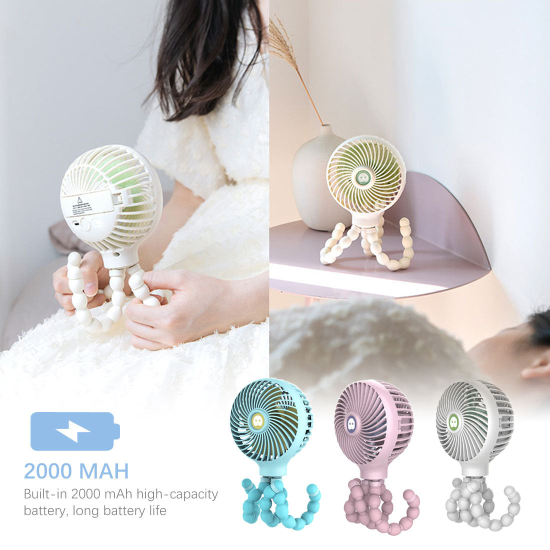 Portable Flexible Tripod Fan - Light Blue, Energy Efficient, Multi-Use