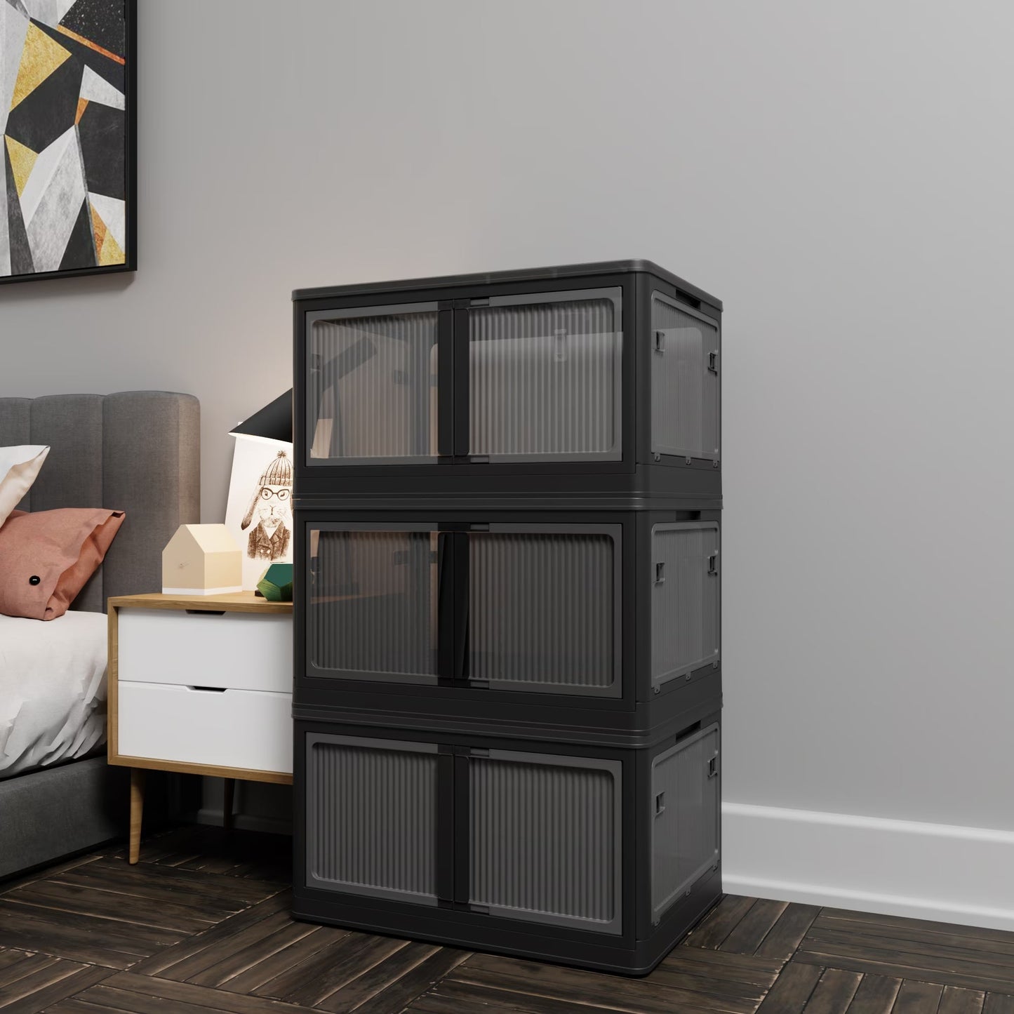 Stackable Black Storage Box with Transparent Panels