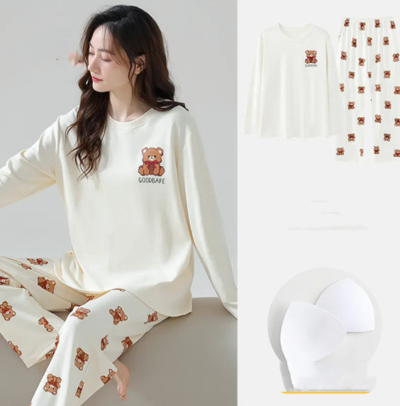 Cozy Cream Bear Print Pajama Set for Sustainable Comfort